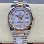 Sunday Calendar series women's watch, mother-of-pearl dial, rose gold bezel, 36mm, two-tone President-style bracelet.